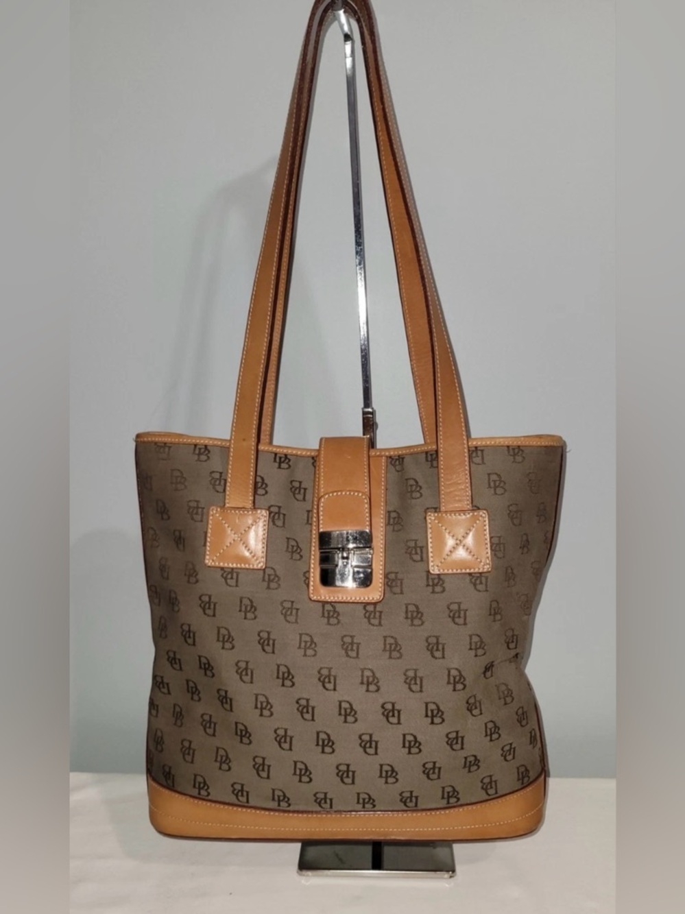 Vintage Dooney & Bourke Brown Canvas Monogram Tote Bag Tan Leather Trim